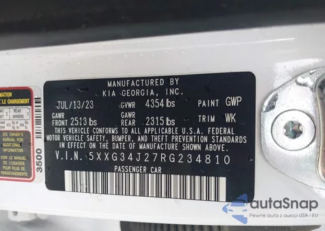 2024 Kia K5 Ex z USA, uszkodzony, nr VIN 5XXG34J27RG234810